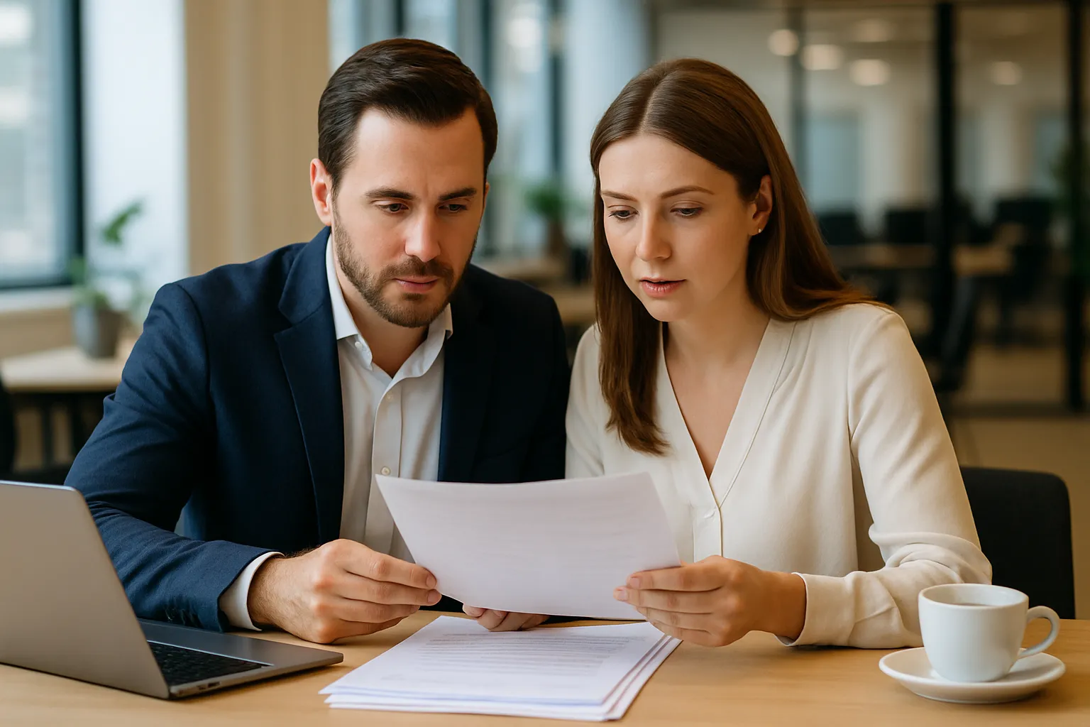 American and British professionals reviewing personal loan documents together at a modern desk with natural lighting