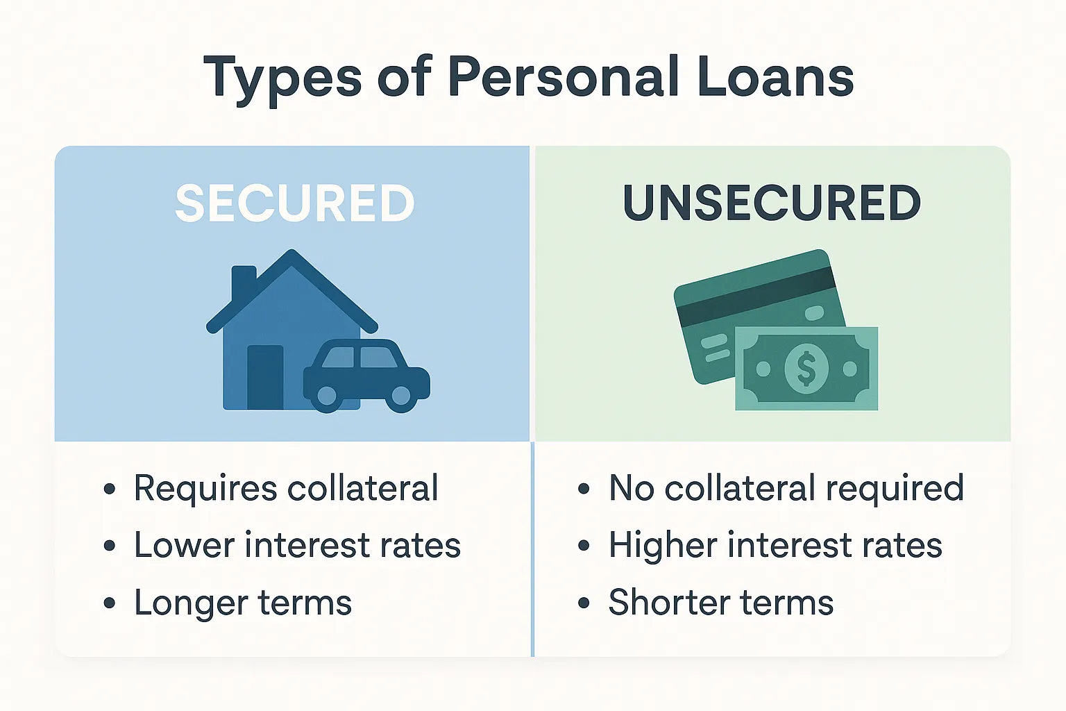 Infographic comparing secured vs unsecured personal loans with split-screen design showing collateral and no-collateral icons