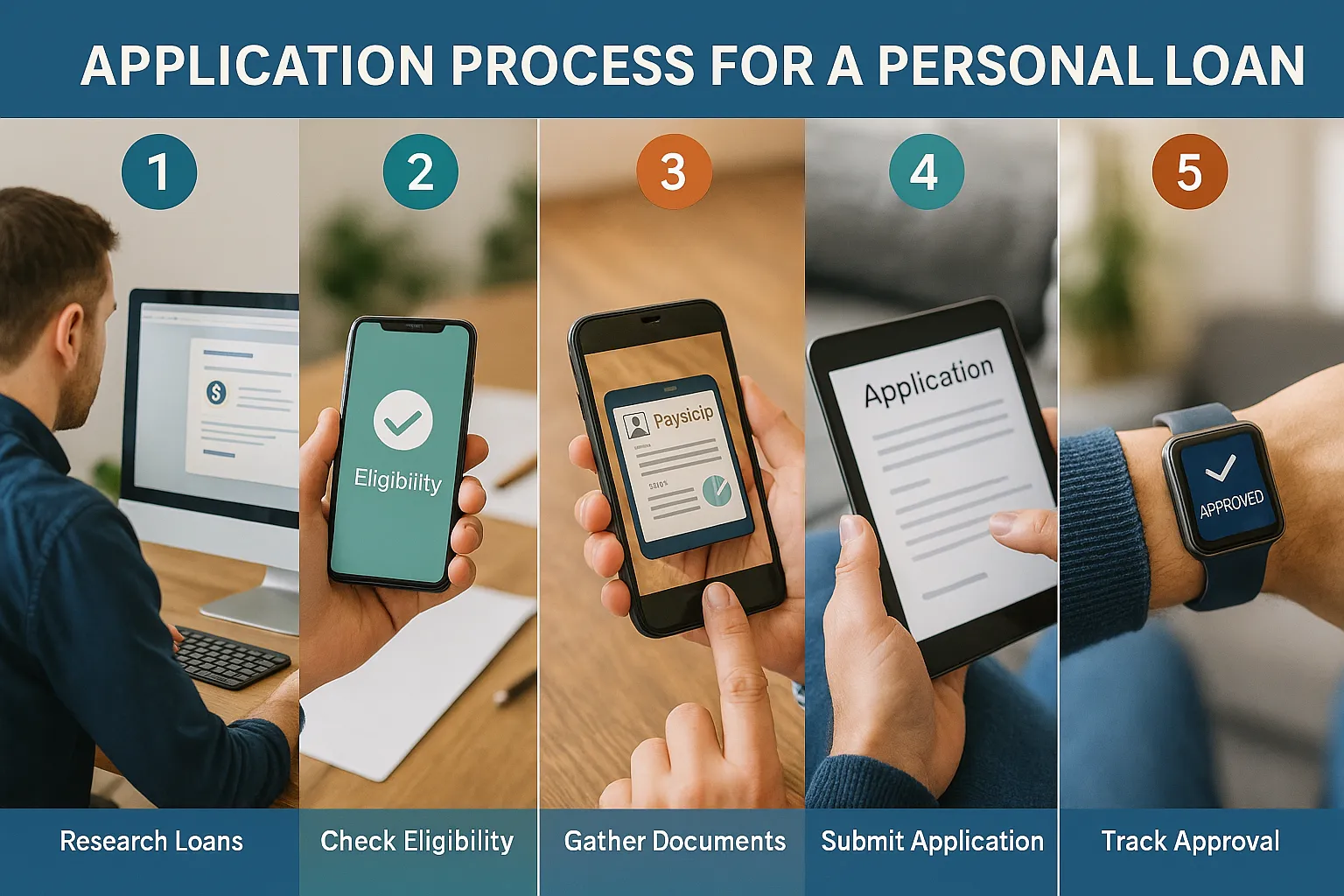 Step-by-step illustration showing user applying for personal loan on smartphone and laptop with numbered progressive steps and simple icons in flat design