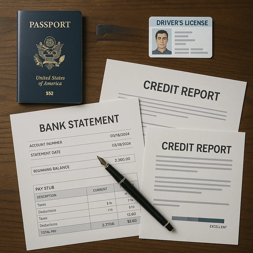 Flat-lay photo of required personal loan documents including proof of income, ID card, and bank statement arranged neatly on wooden table